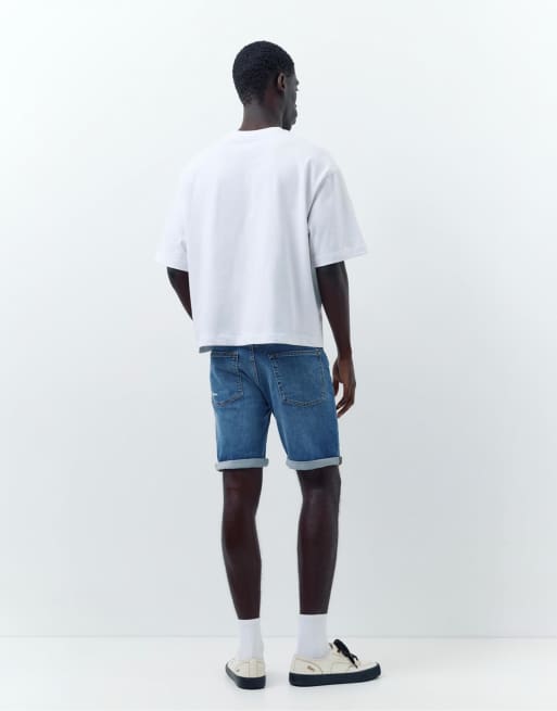 Pull&Bear – Zerrissene Bermuda-Jeansshorts in Mittelblau, 2 von 4