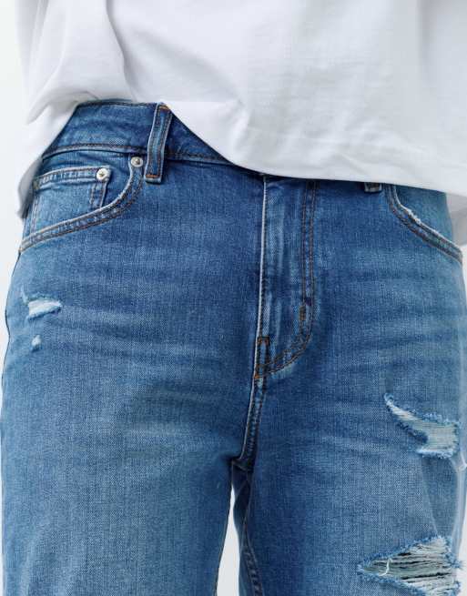 Pull&Bear – Zerrissene Bermuda-Jeansshorts in Mittelblau, 3 von 4