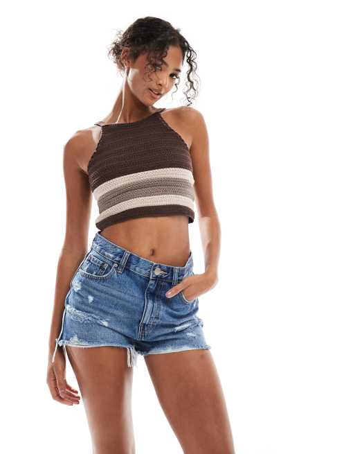 Pull&Bear – Zerrissene Jeans-Shorts in Mittelblau