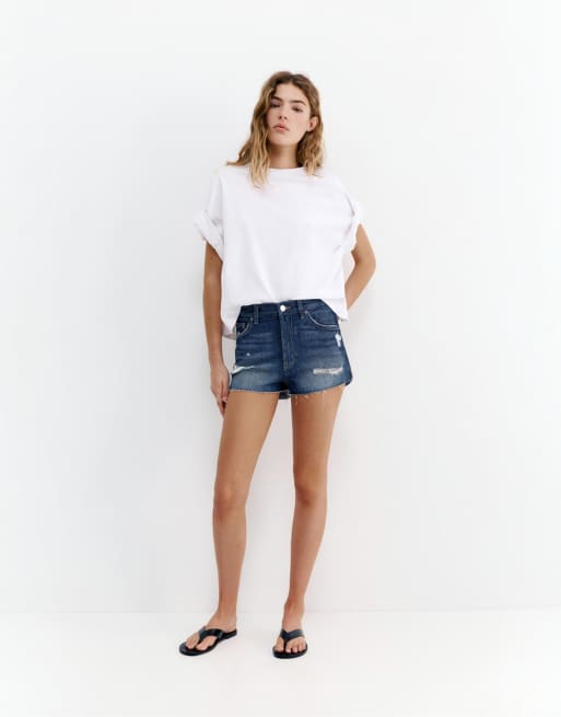 Pull&Bear – Zerrissene Mom-Jeansshorts in Dunkelblau, 4 von 4