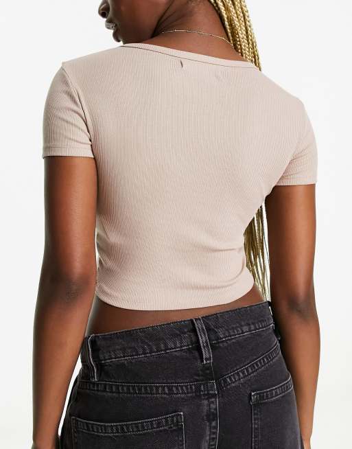 Pull&Bear – Zestaw 2 krótkich prążkowanych T-shirtów w kolorach beżowym i grafitowym, 2 z 4
