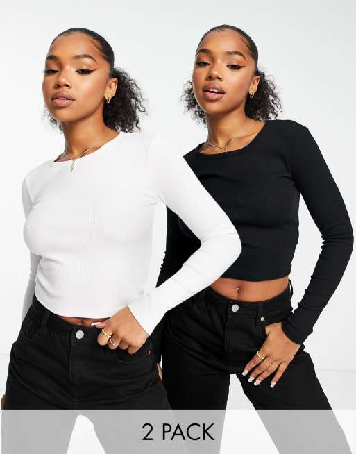 Pull&Bear – Zestaw 2 krótkich T-shirtów z długimi rękawami w kolorach czarnym i białym
