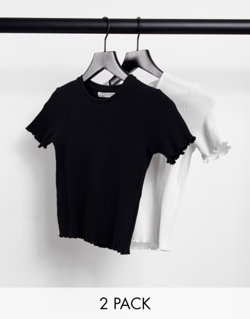 Pull&Bear – Zestaw 2 krótkich T-shirtów z karbowanym brzegiem w kolorach czarnym i białym