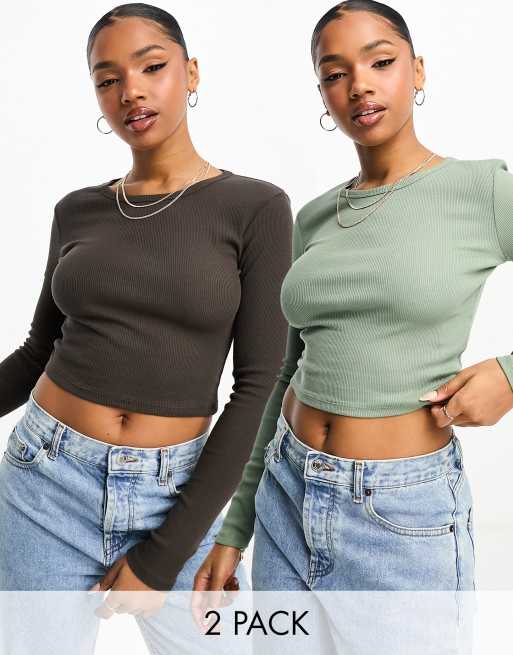 Pull&Bear – Zestaw 2 par przylegających T-shirtów z długimi rękawami w kolorach khaki i brązowym