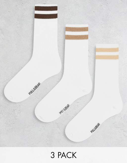 Pull&Bear – Zestaw 3 par białych sportowych skarpetek z brązowymi paskami