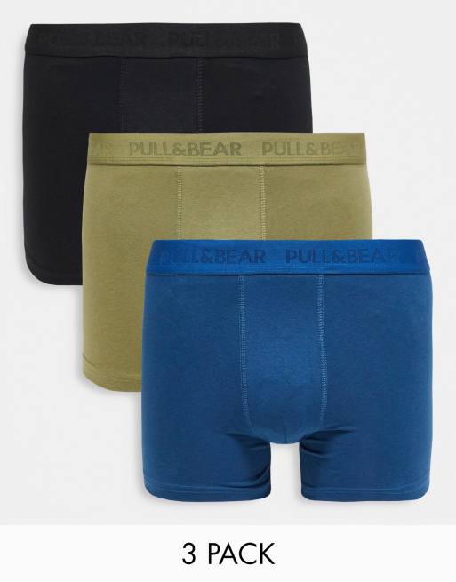Pull&Bear – Zestaw 3 par bokserek w kolorach czarnym, khaki i granatowym