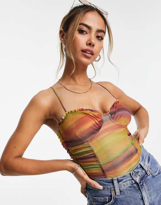 Pull&Bear – Zielone siateczkowe body z gorsetową wstawką w paski w stylu retro	