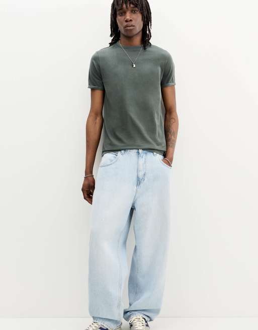 Pull&Bear – Zielony T-shirt z krótkimi rękawami o kroju podkreślającym sylwetkę