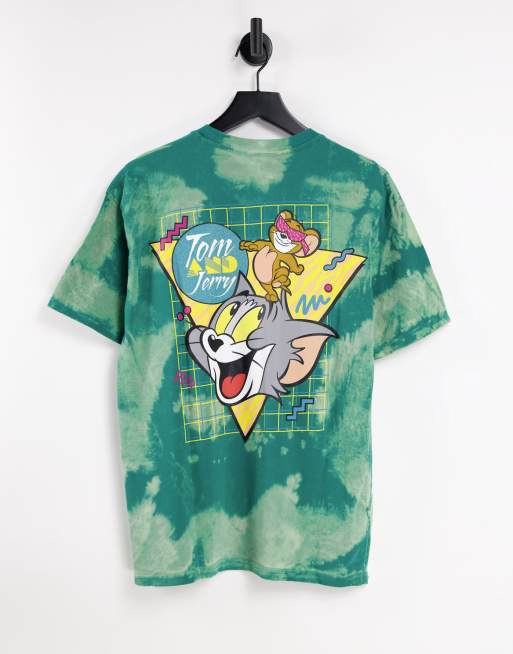 Pull&Bear – Zielony T-shirt z nadrukiem Toma i Jerry'ego na plecach