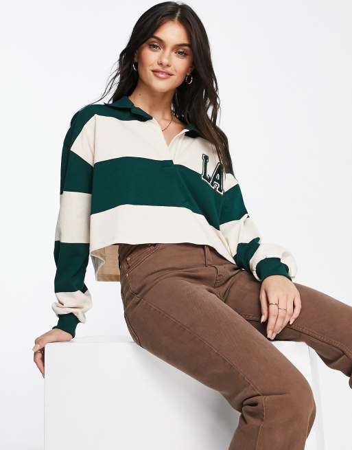 Pull&Bear – Zielony top w paski o krótkim fasonie w uniwersyteckim stylu