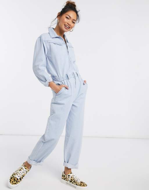 Pull Bear zip detail denim boilersuit in light blue