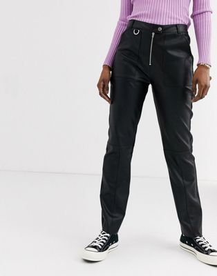Pull&Bear zip detail faux leather pants in black | ASOS