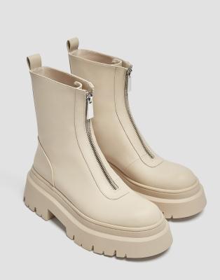 Pull & Bear Zip Front Chunky Flat Ankle Boots In Ecru-white In White