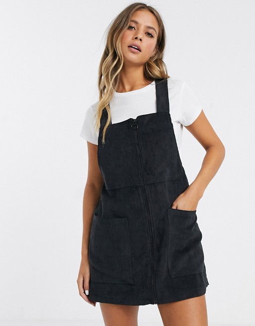 Pull&Bear zip front cordrouy pinny dress in washed black