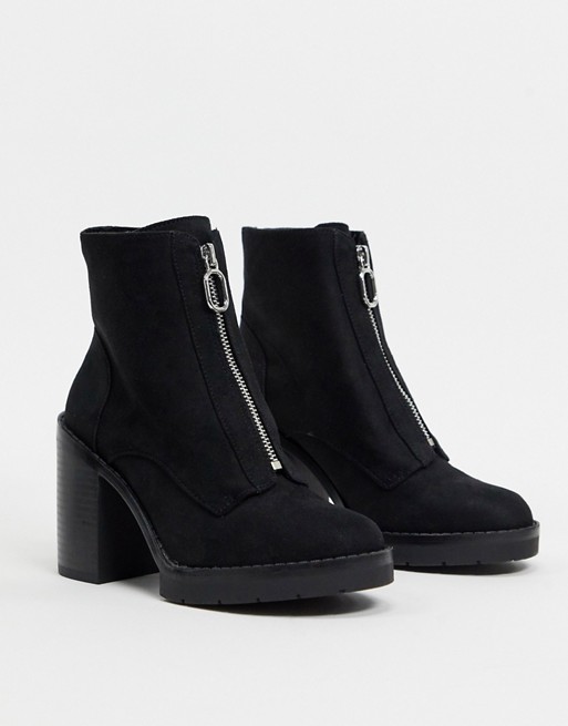 Pull&Bear zip front faux suede heeled boots in black