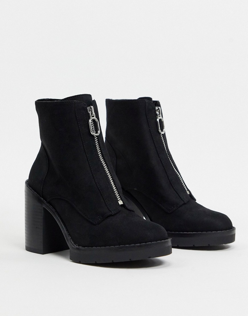 Pull & Bear zip front faux suede heeled boots in black