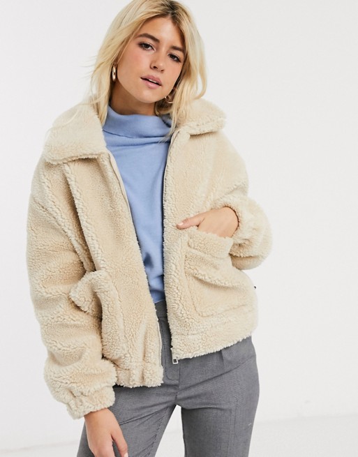 Pull&Bear zip front fleece jacket in off white