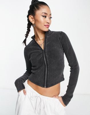 Pull&Bear zip front ribbed top in washed black - ASOS Price Checker