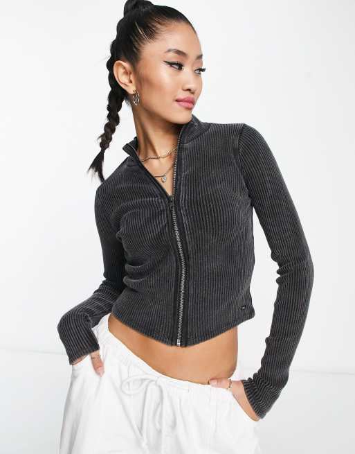 Pull Bear zip front ribbed top in washed black