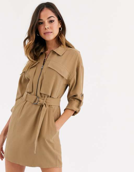 Pull Bear zip front utility dress in camel