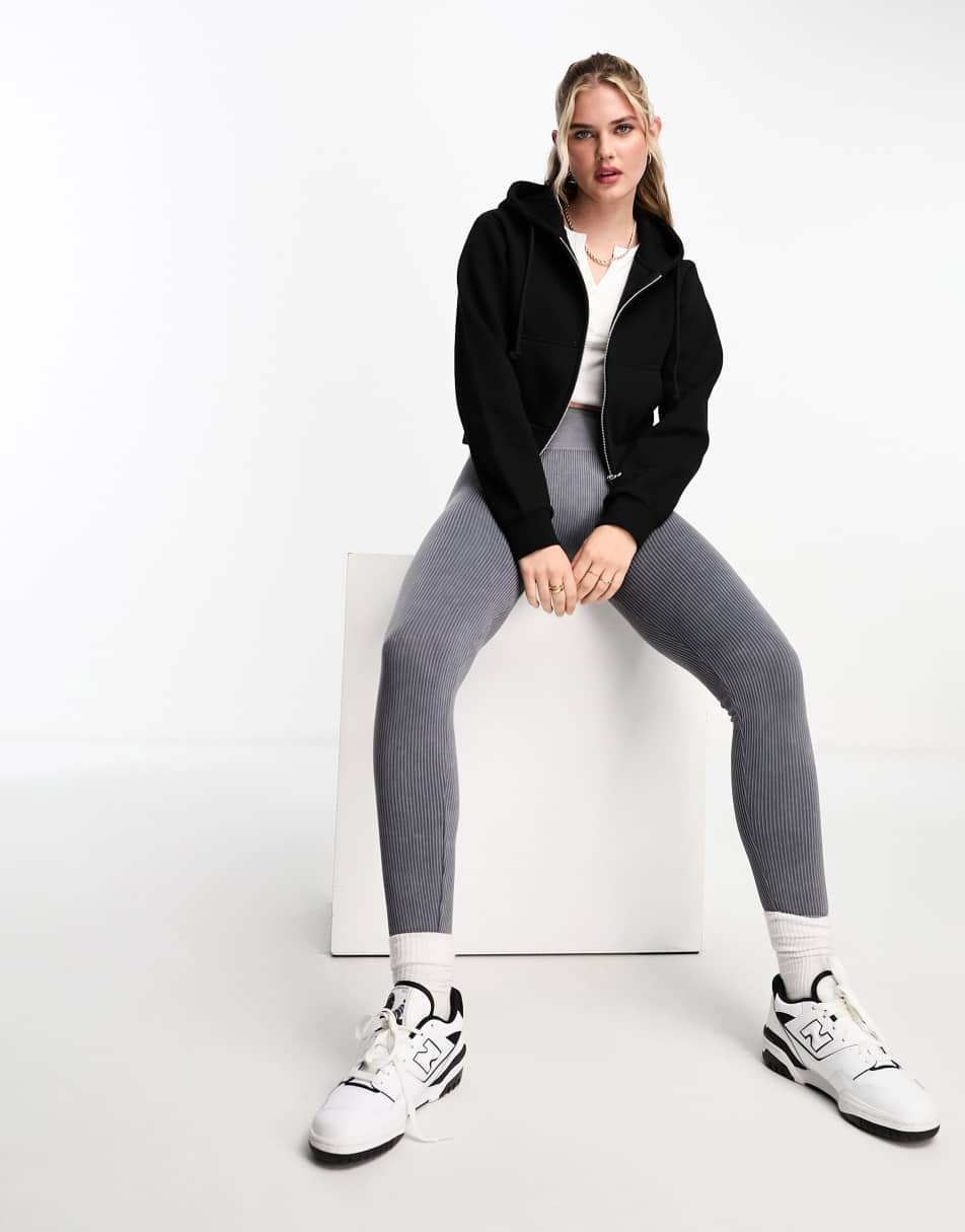 Pull&Bear zip through cropped hoodie in black