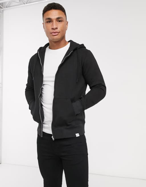 Pull&Bear zip through hoodie in black