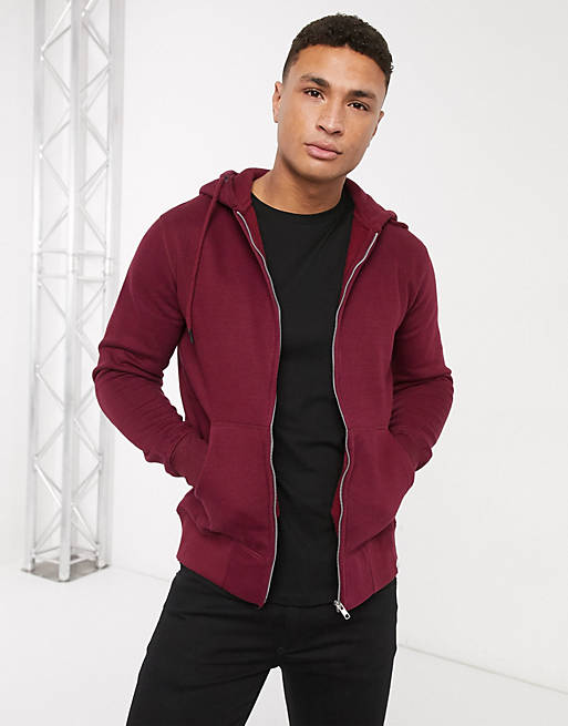 Pull&Bear zip through hoodie in burgundy | ASOS