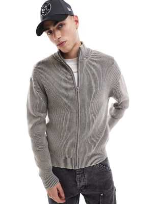 zip through knitted sweater in gray