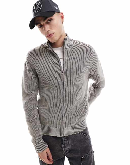 Pull&bear zip through knitted sweater in gray