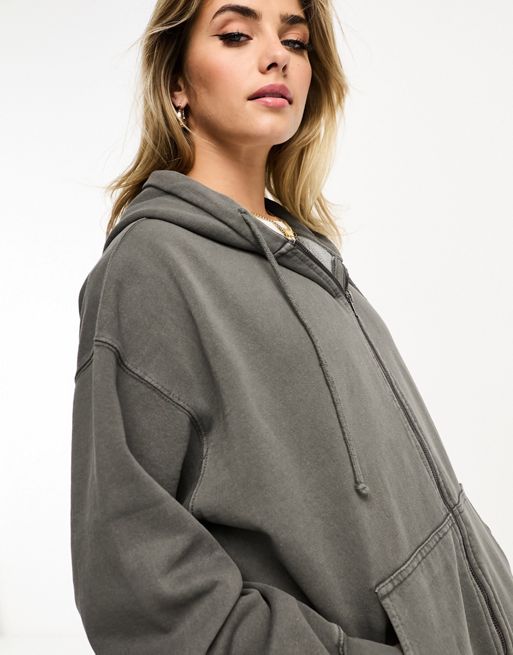 Pull&Bear zip through oversized hoodie in washed grey | ASOS