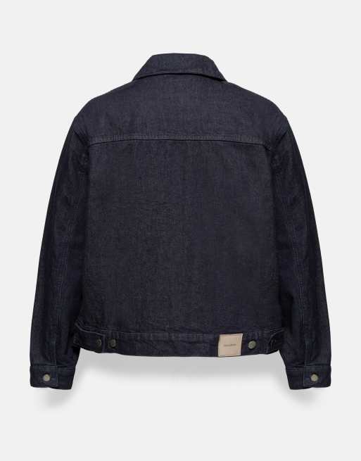 Pull&Bear Zip-up denim jacket in navy, 4 of 4