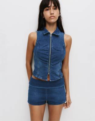 Pull & Bear Zip-up denim top in dark blue