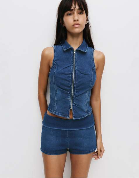 Pull&Bear Zip-up denim top in dark blue - view 1
