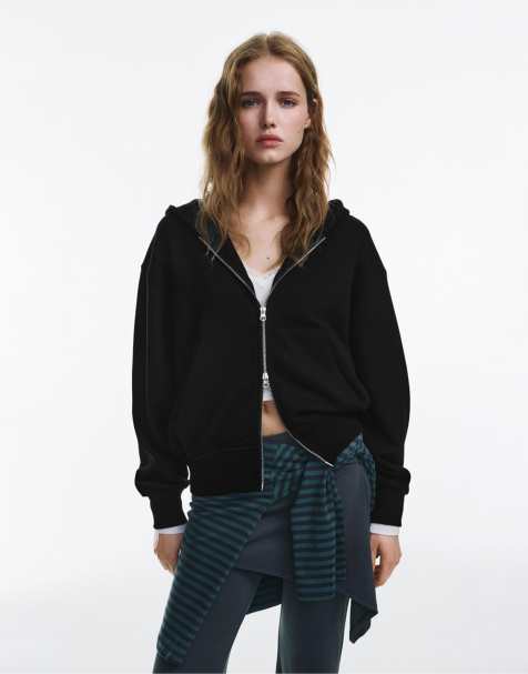 Pull&Bear Zip-up hoodie in black