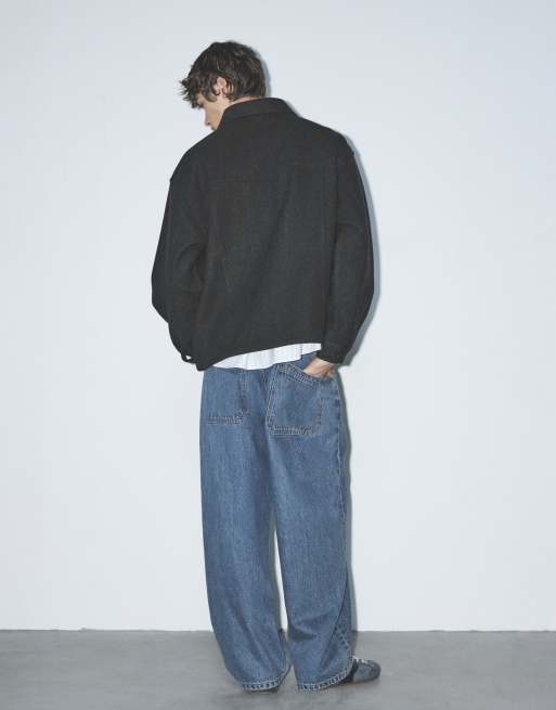 Pull&Bear Zip-up overshirt in black, 2 of 7