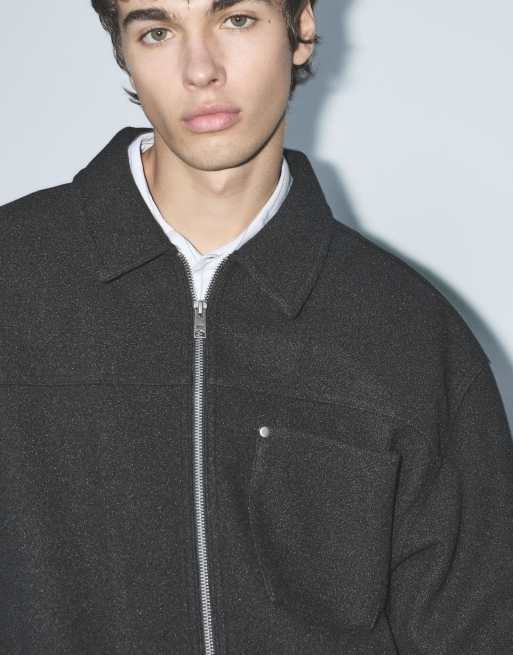 Pull&Bear Zip-up overshirt in black, 3 of 7