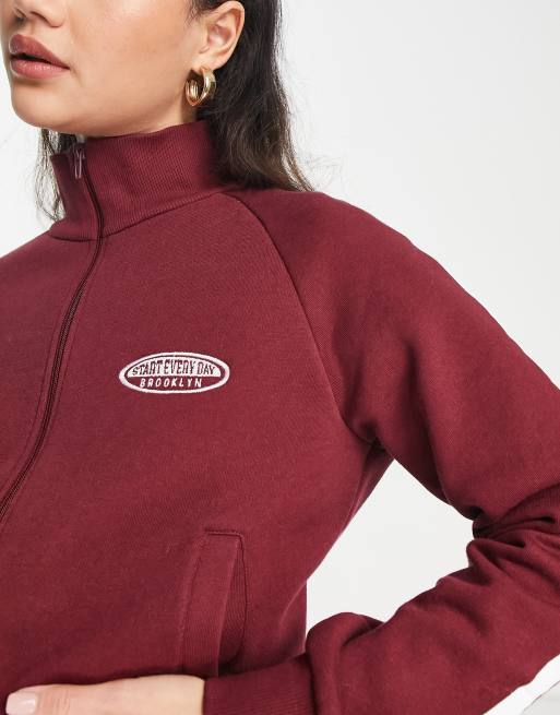 Pull&Bear zip up sweater with slogan detail in red ASOS