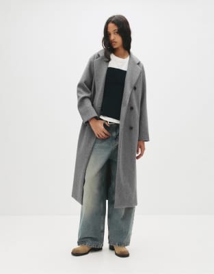 Pull & Bear - Zweireihiger, langer Mantel in meliertem Grau