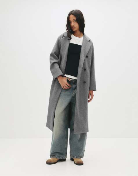 Pull&Bear – Zweireihiger, langer Mantel in meliertem Grau - view 1