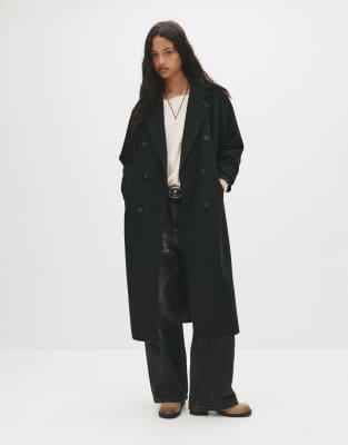 Pull & Bear - Zweireihiger Mantel in Schwarz mit langem Schnitt