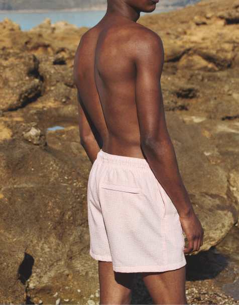 Pull&Bear - Zwemshort van gestreepte seersucker in roze - view 1