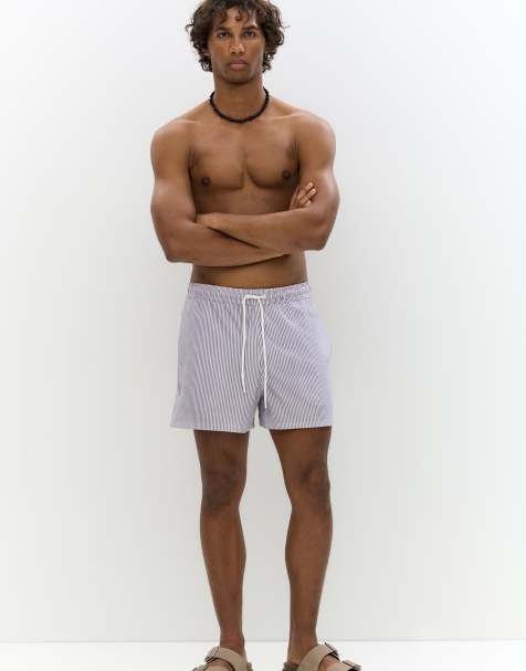 Pull&Bear - Zwemshort van gestreepte seersuckerstof in lila - view 1