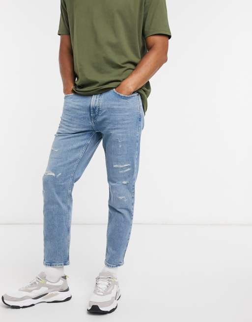 Pull&Bear — Lyseblå tapered jeans med flænser