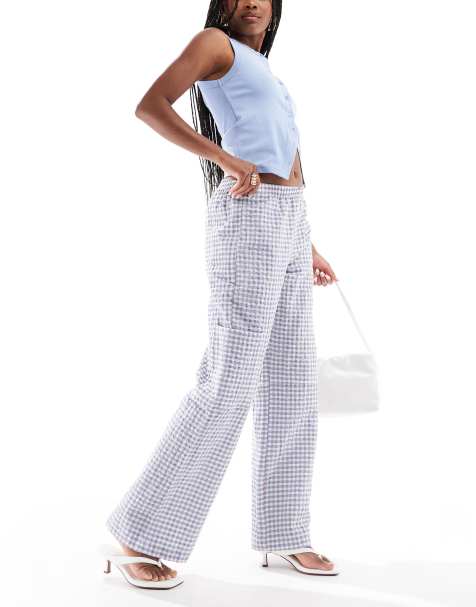 Pull&Beat – Niebieskie spodnie z szerokimi nogawkami i kieszeniami w kratkę vichy - view 1