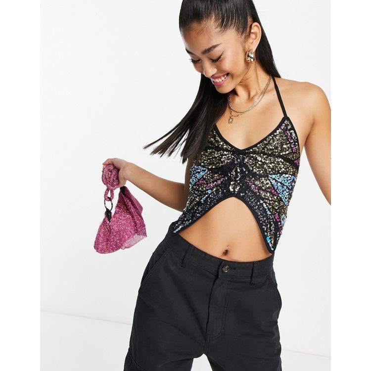Pulll&Bear butterfly print sequin cropped top in black