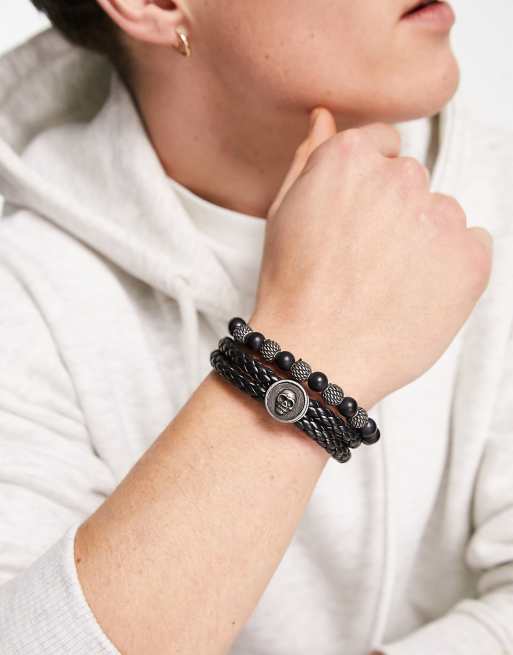 Pulsera de varias hileras de cuero trenzado y cuentas de Steve Madden