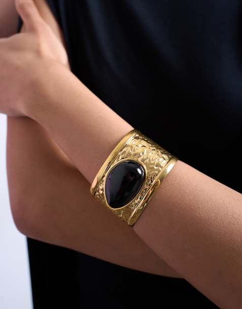 Pulsera dorada con piedra negra de acero inoxidable Blossom de Topshop - view 1