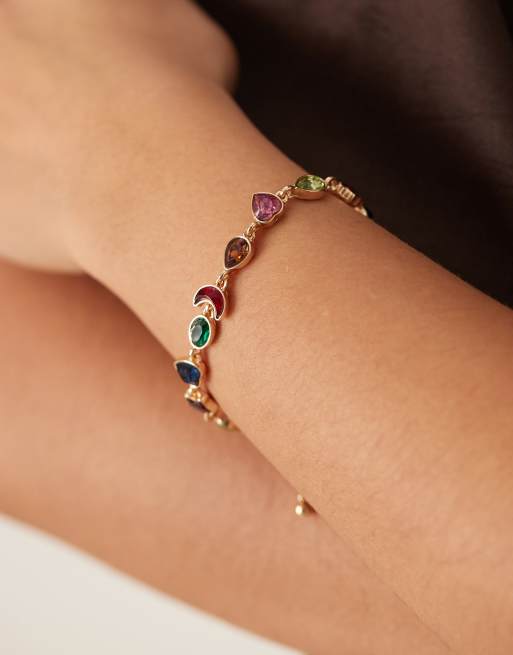 Pulsera dorada de cadena con gemas de colores en forma de estrella y corazón de ASOS DESIGN