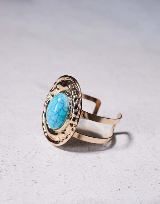 Pulsera dorada gruesa estilo brazalete con piedra turquesa de South Beach, 3 de 3