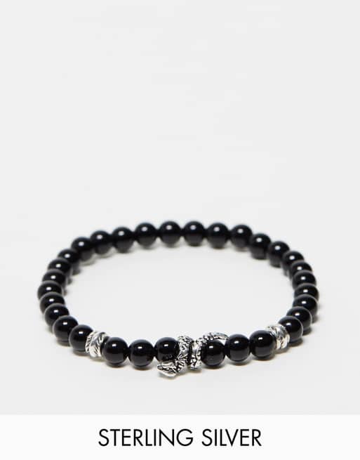 Pulsera negra para festivales de cuentas de ágata y charms de plata de ley de ASOS DESIGN  